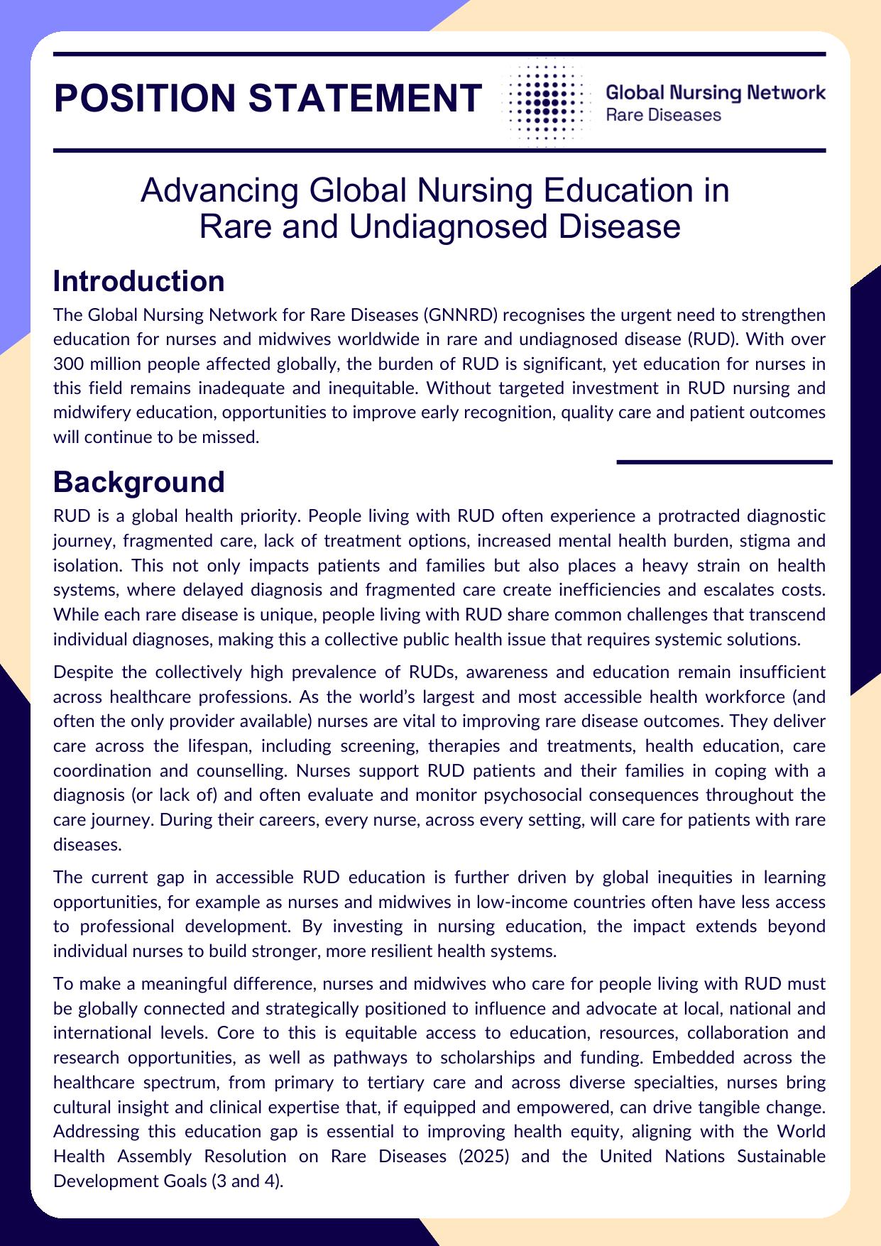 Cover of Advancing Global Nursing Education in Rare and Undiagnosed Disease position paper
