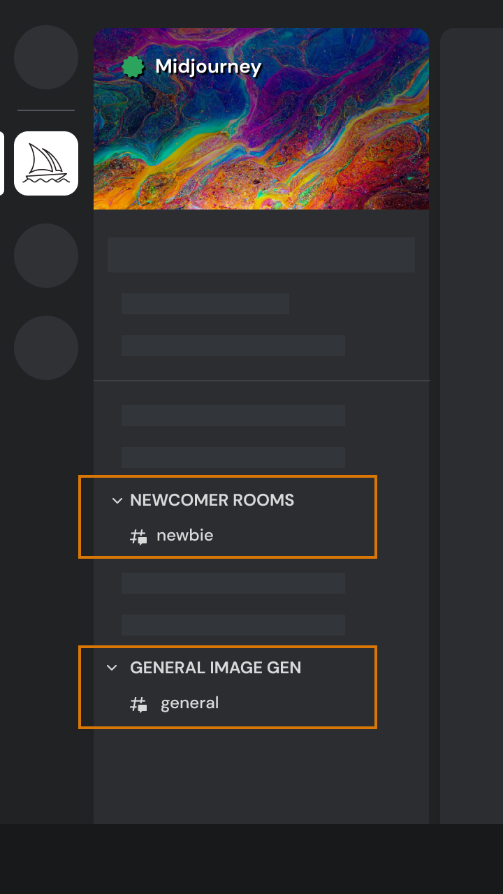 Image of the Sidebar for Midjourney's Discord server highlighting the newbie channels.