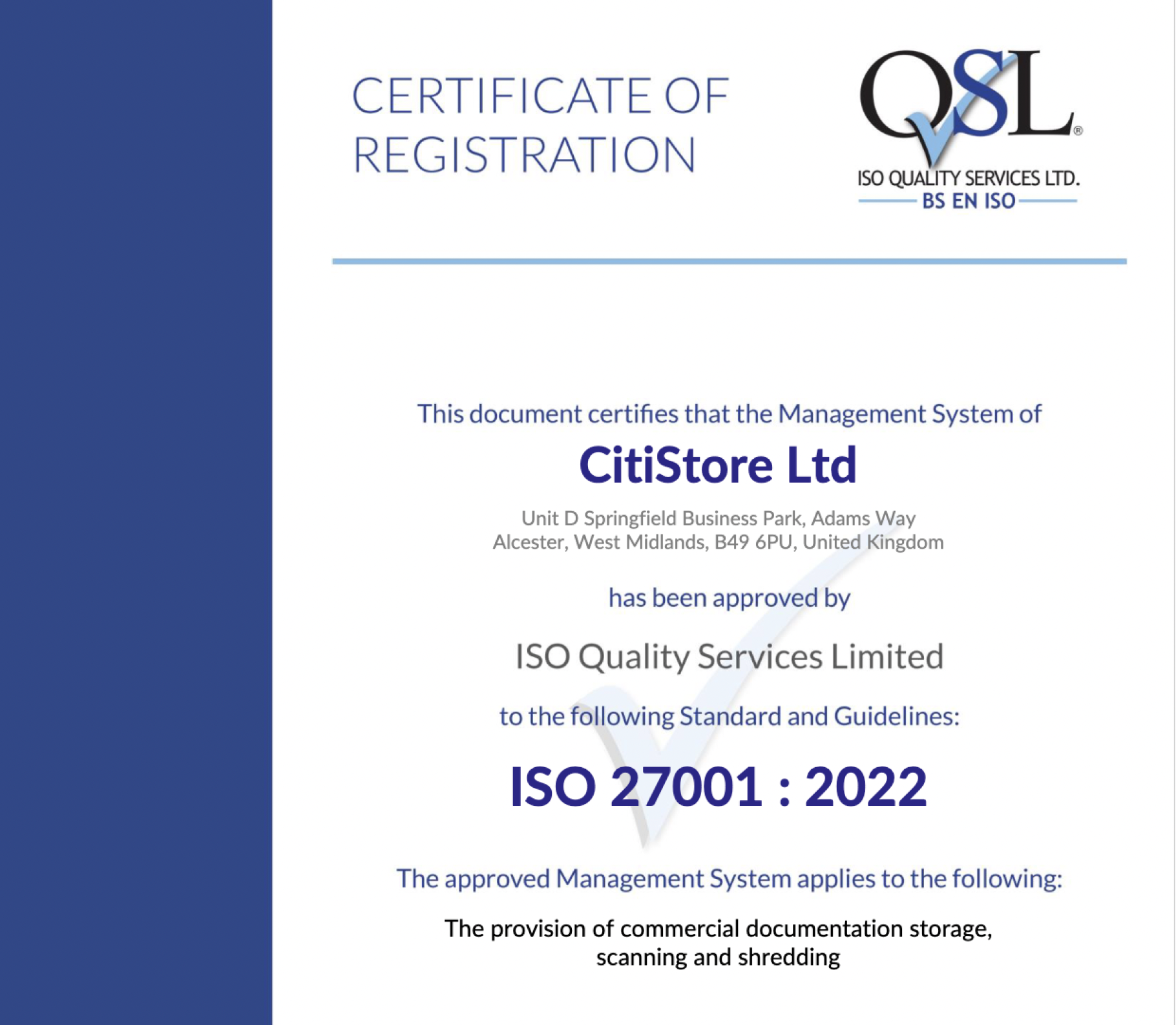 CitiStore team celebrating ISO 27001 recertification with support from ISOQSL Worcestershire