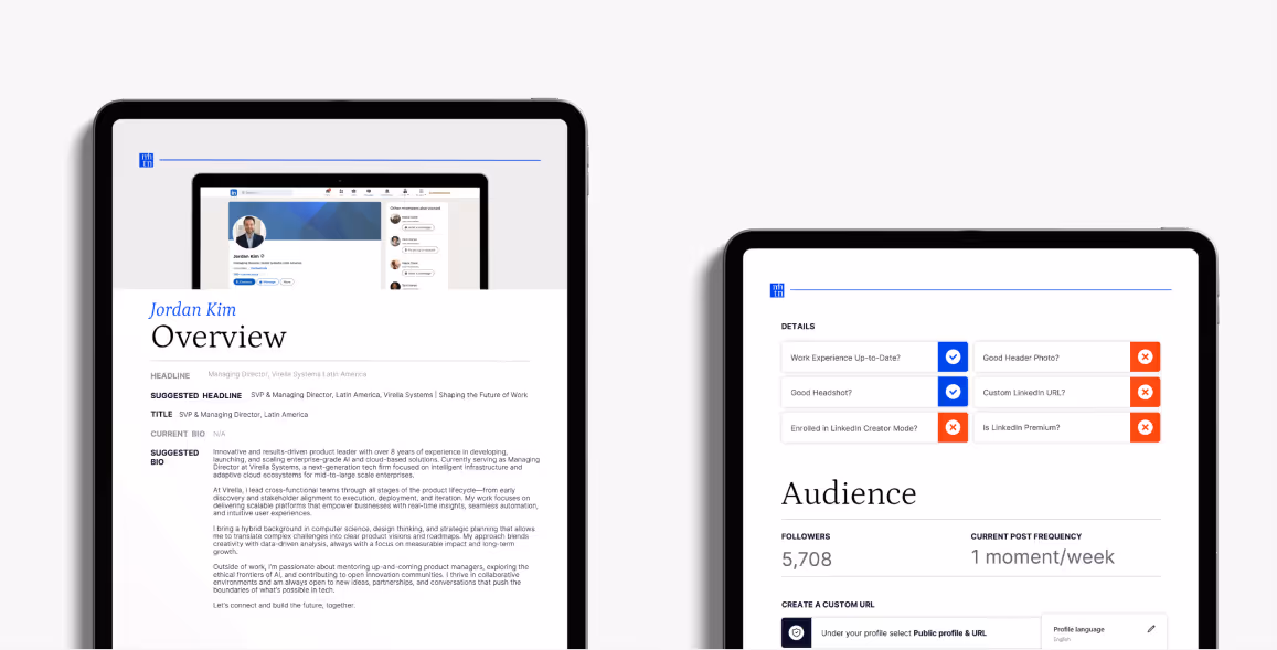 Two tablets with a white background showing insights