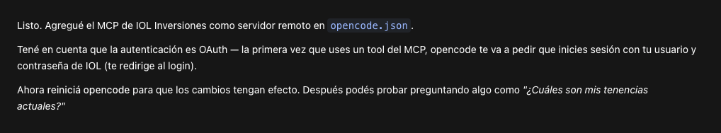 Login con cuenta de IOL y respuesta positiva en OpenCode