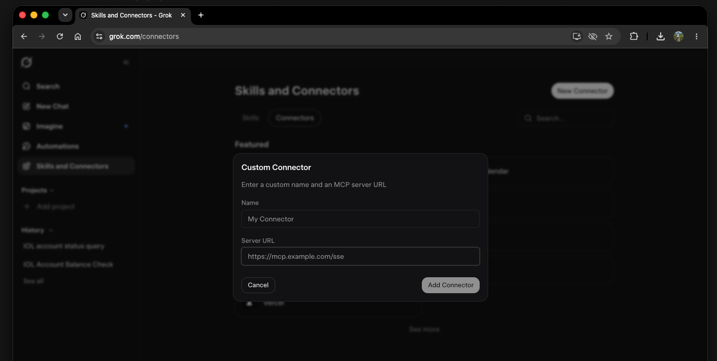 Seleccionar Custom connector e ingresar la URL