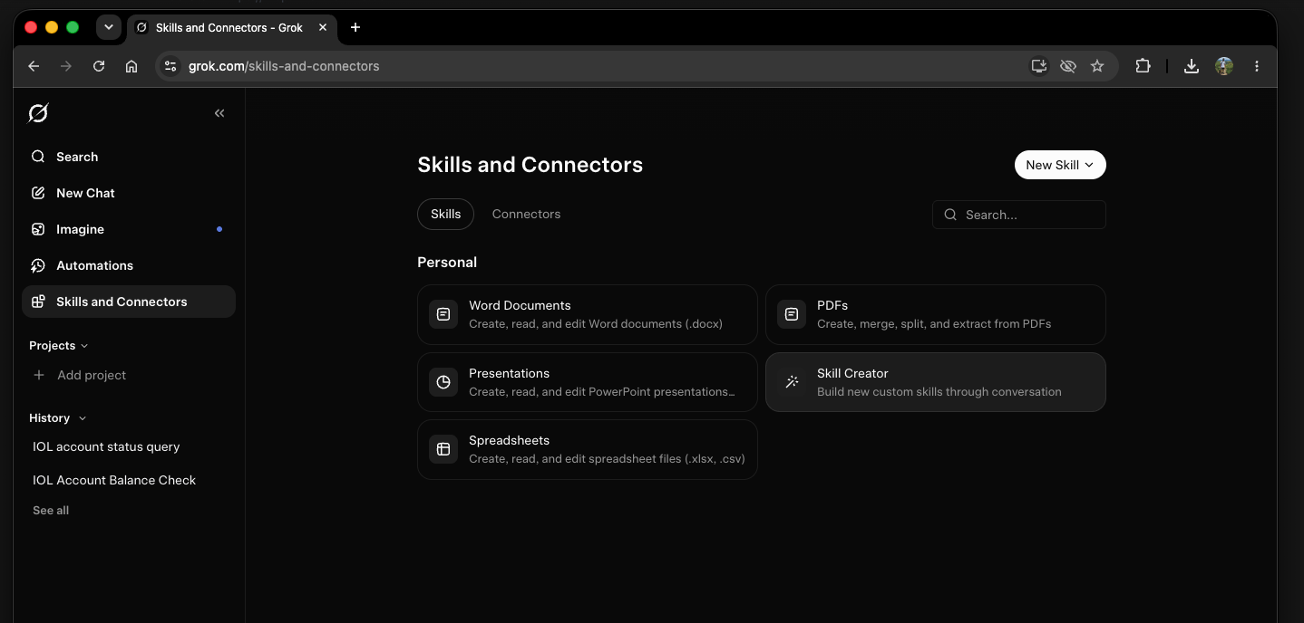 Skills y conectores en Grok