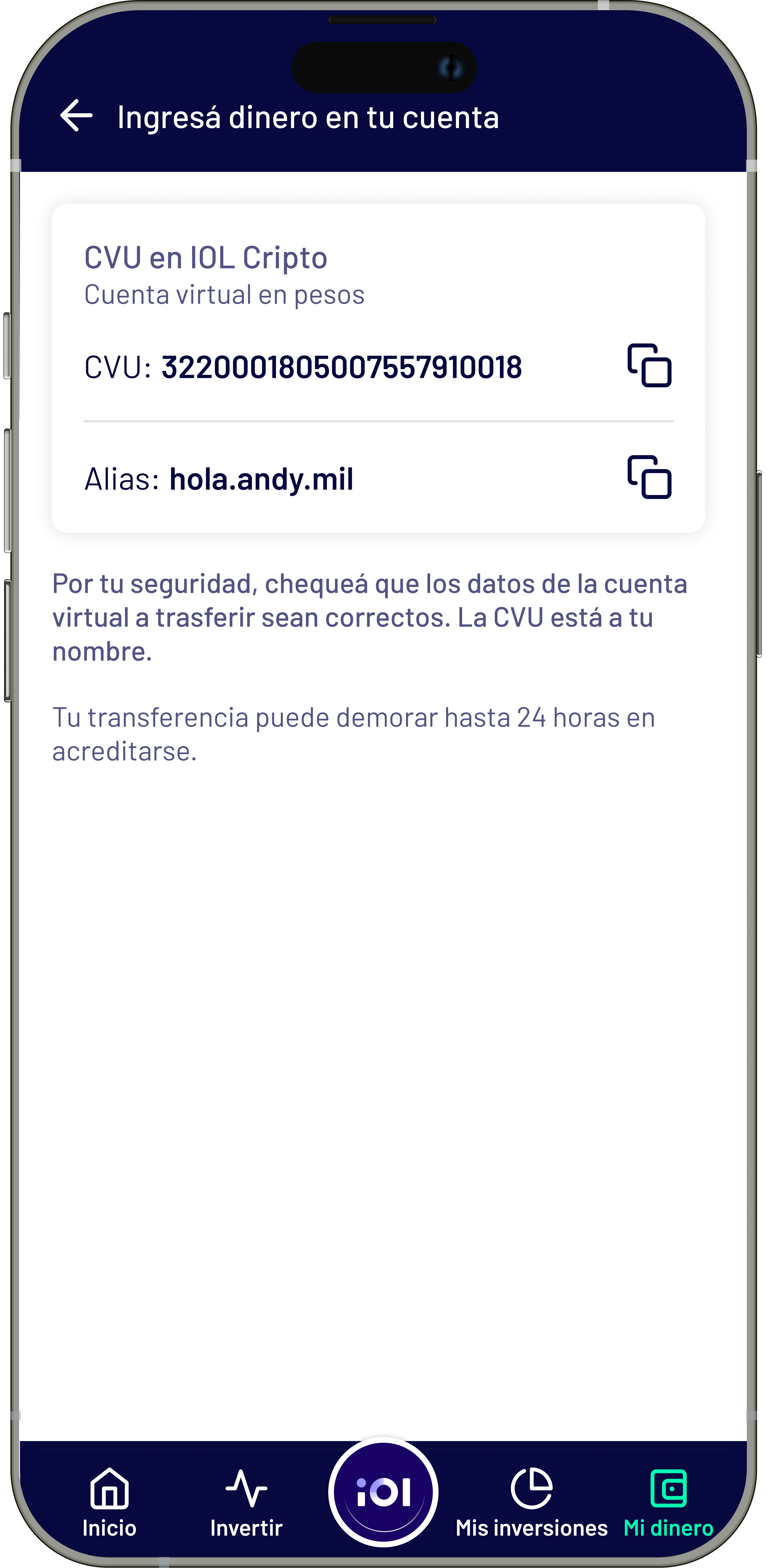 Paso 1: copiá tu CVU desde Mi dinero