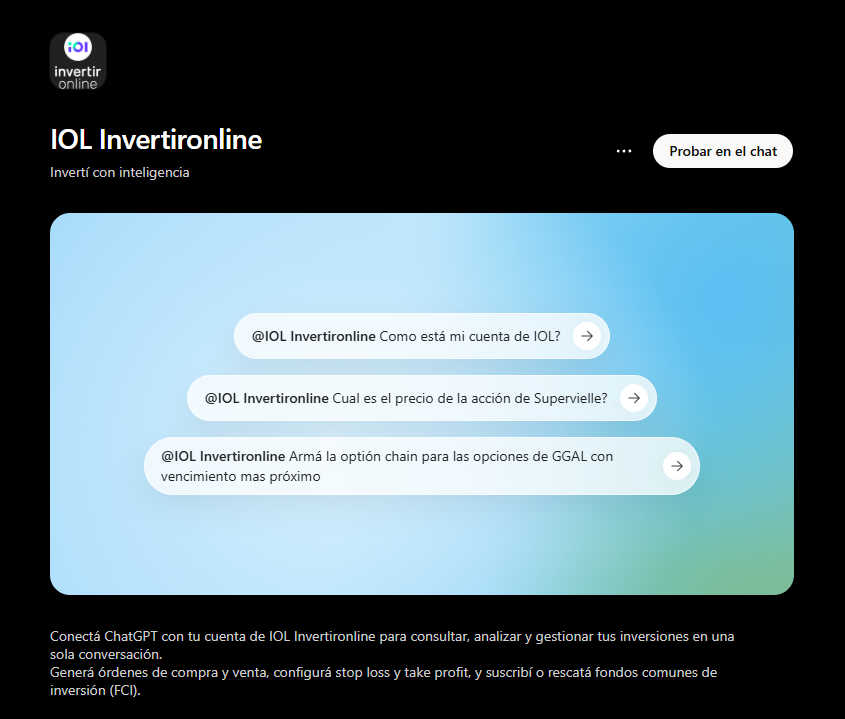 Complemento de IOL Invertironline instalado en ChatGPT