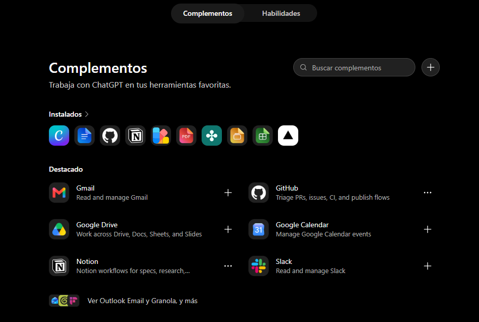 Página de complementos de ChatGPT