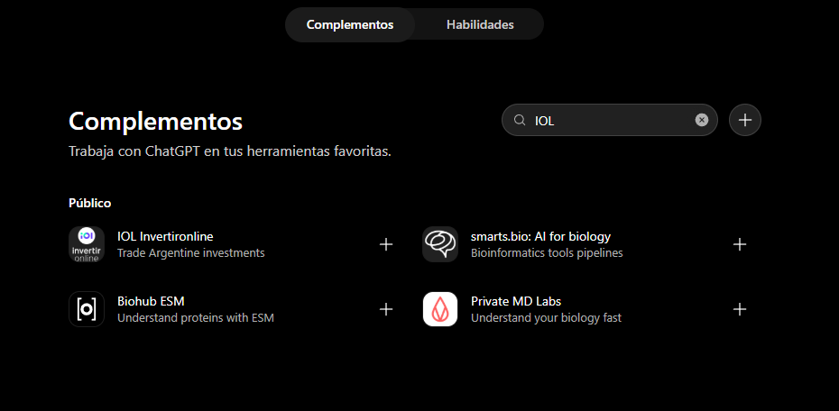 Buscar e instalar el complemento de IOL en ChatGPT