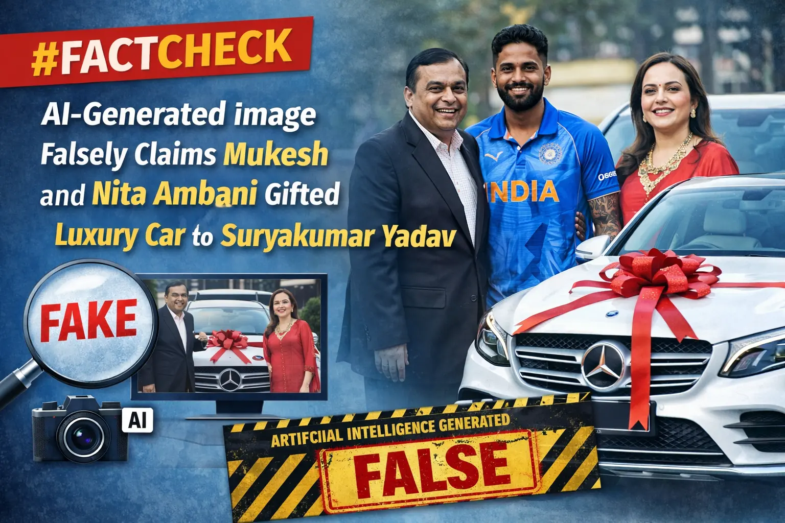 #FactCheck -AI-Generated Image Falsely Claims Mukesh and Nita Ambani Gifted Luxury Car to Suryakumar Yadav