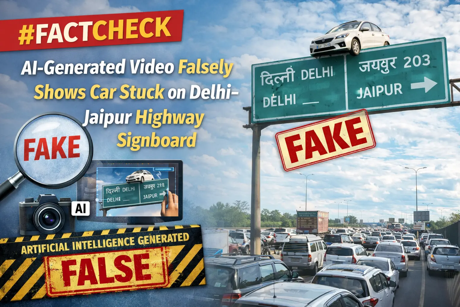 #FactCheck -AI-Generated Video Falsely Shows Car Stuck on Delhi–Jaipur Highway Signboard
