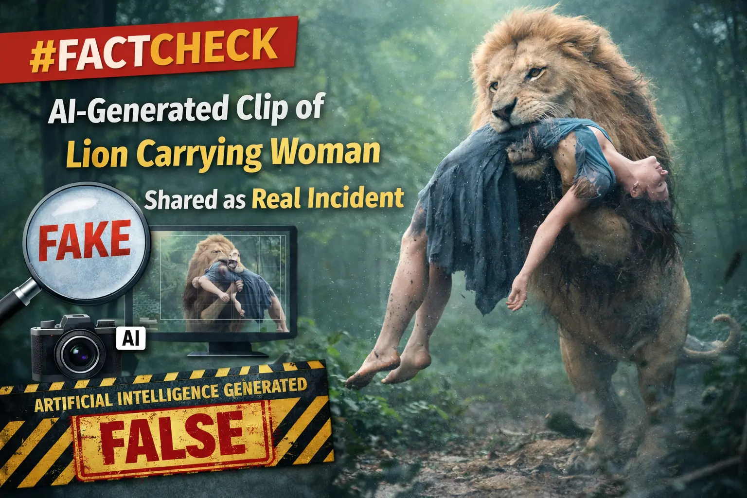 #FactCheck - AI-Generated Clip of Lion Carrying Woman Shared as Real Incident