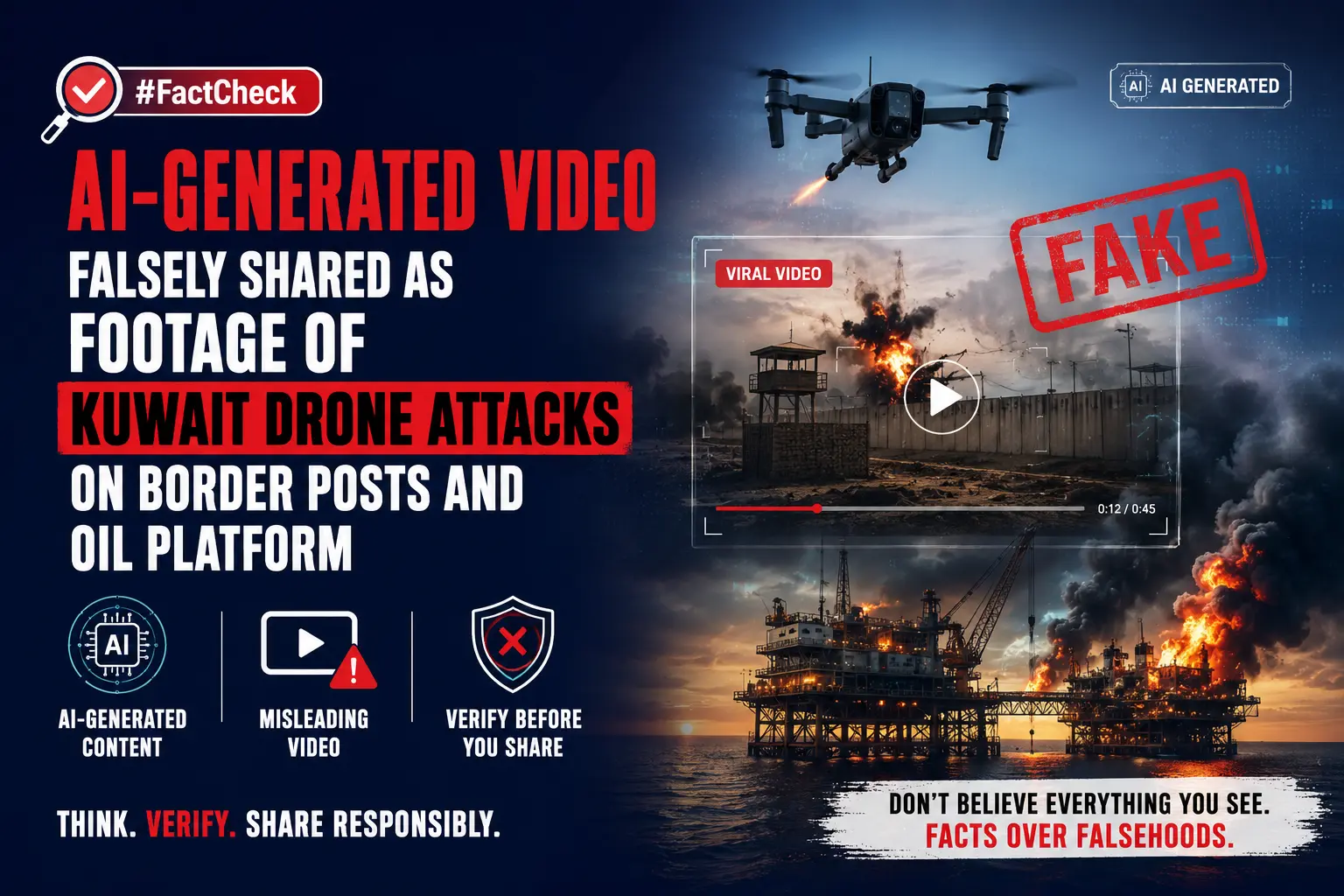 #FactCheck-AI-generated video falsely shared as footage of Kuwait drone attacks on border posts and oil platform.