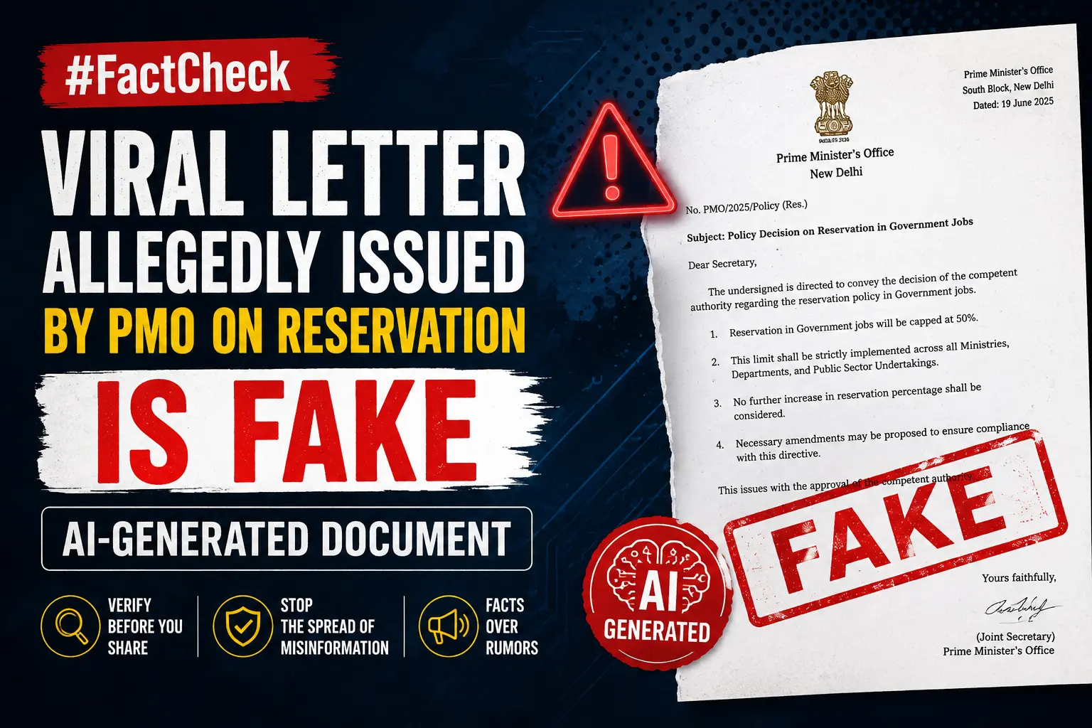 #FactCheck: Viral letter allegedly issued by PMO on reservation is fake, AI-generated document