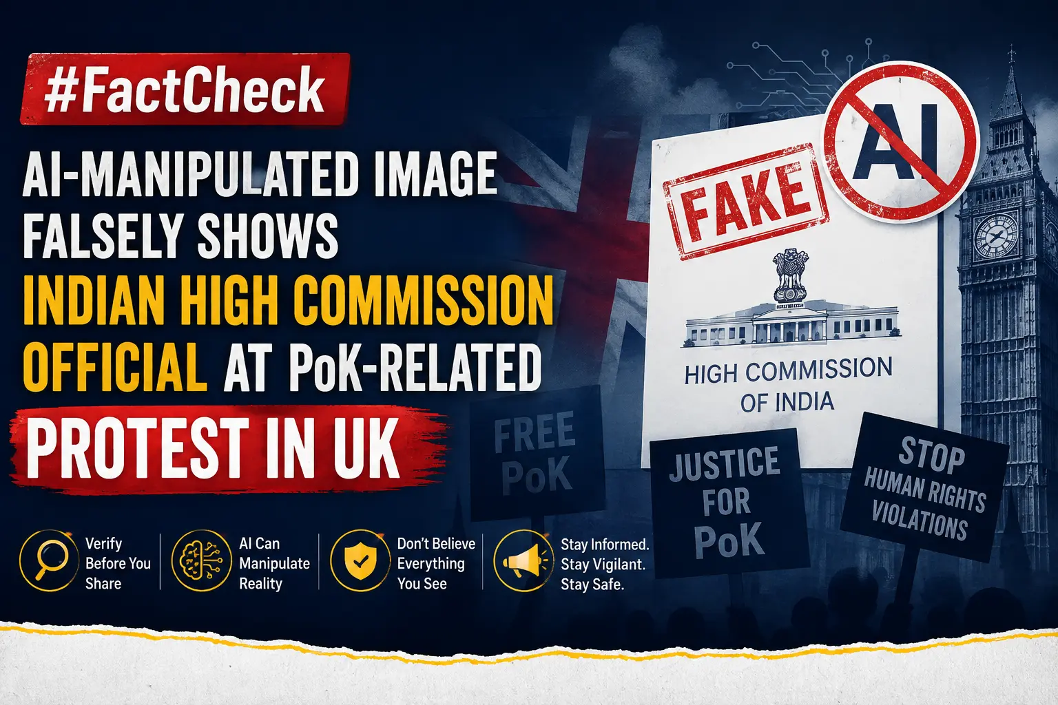 #FactCheck: AI-manipulated image falsely shows Indian High Commission official at PoK-related protest in UK