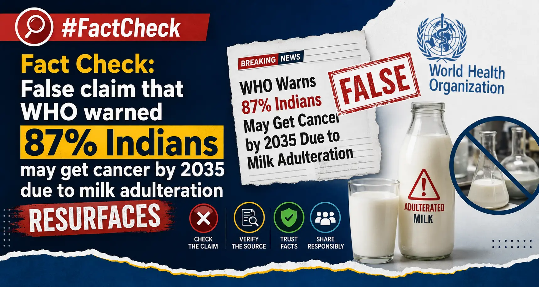 #FactCheck: Fact Check: False claim that WHO warned 87% Indians may get cancer by 2035 due to milk adulteration resurfaces