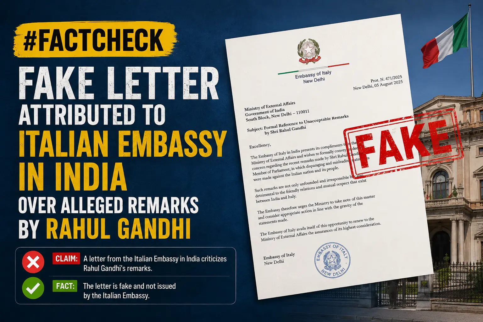 #FactCheck:Fake letter attributed to Italian Embassy in India over alleged remarks by Rahul Gandhi