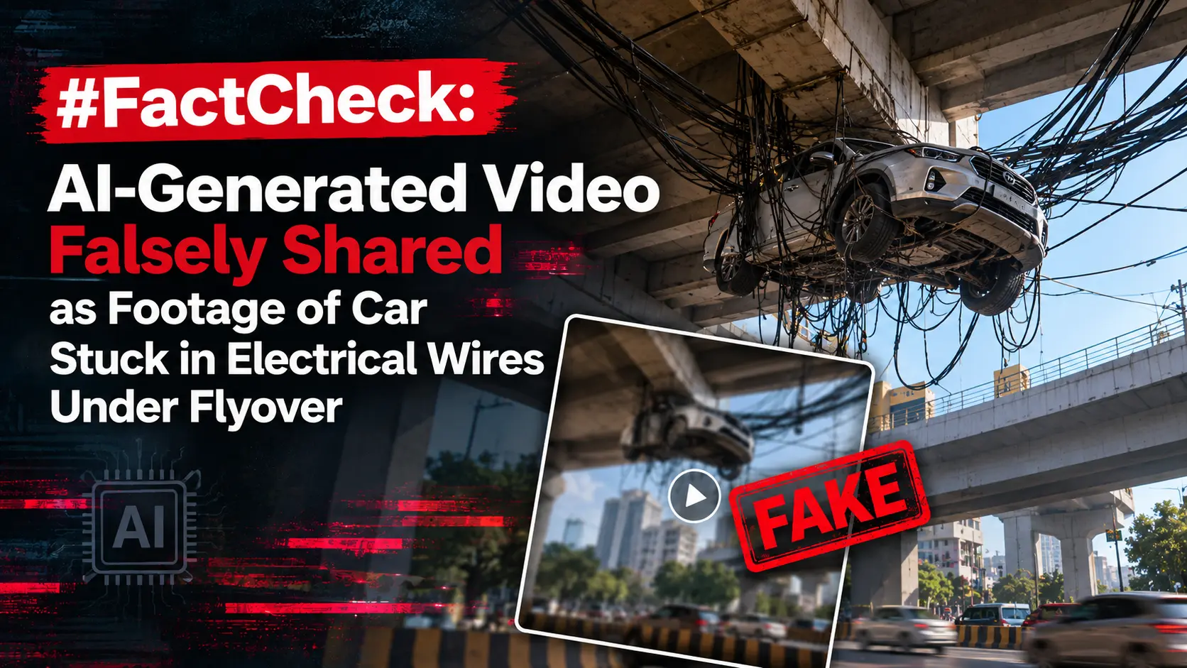 #FactCheck: AI-Generated Video Falsely Shared as Footage of Car Stuck in Electrical Wires Under Flyover 