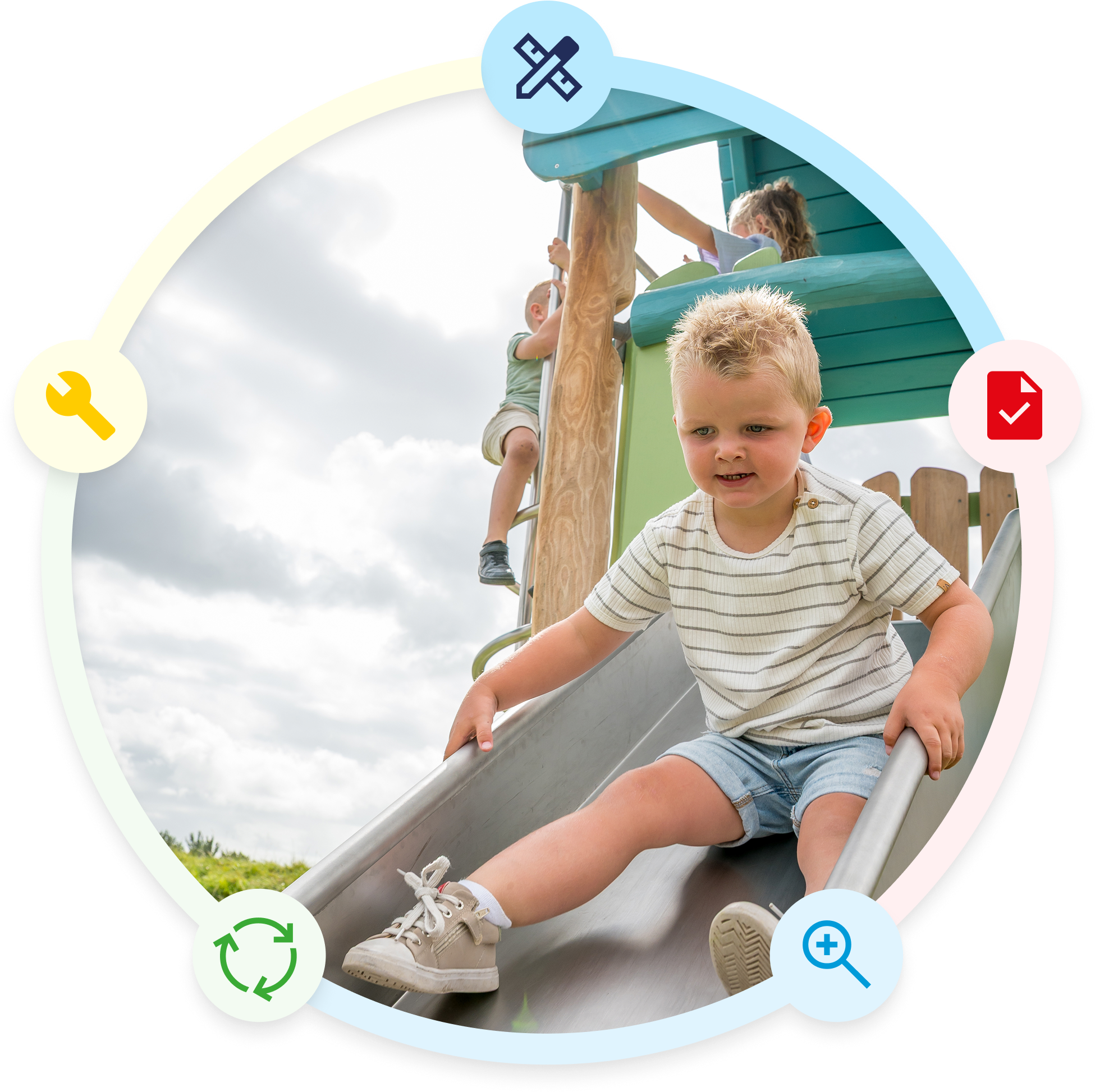 De diensten iconen rond een kind die glijdt van een glijbaan