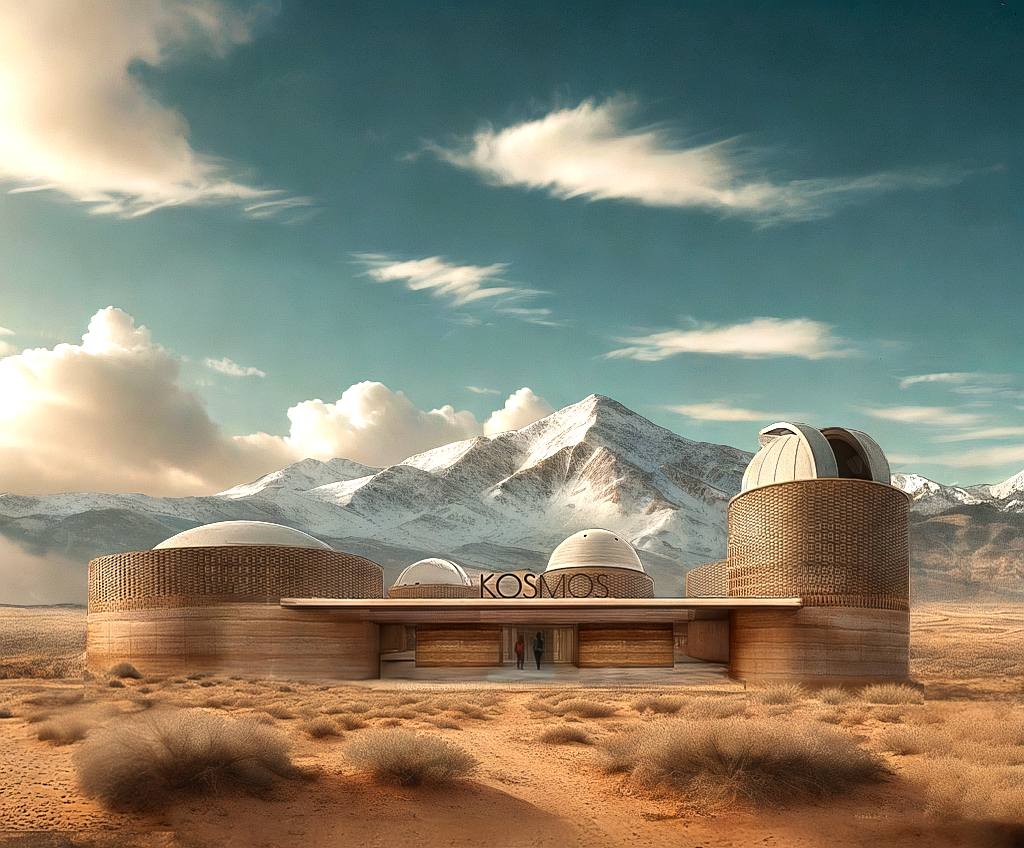 Conceptual design of the Kosmos Stargazing Center with observatory domes against the Sangre de Cristo mountains