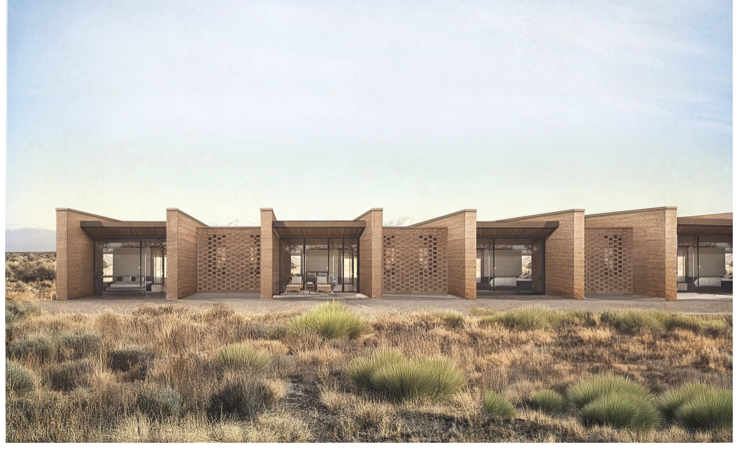 Kosmos Suites render — terracotta hempcrete suites with brick courtyard walls in the San Luis Valley