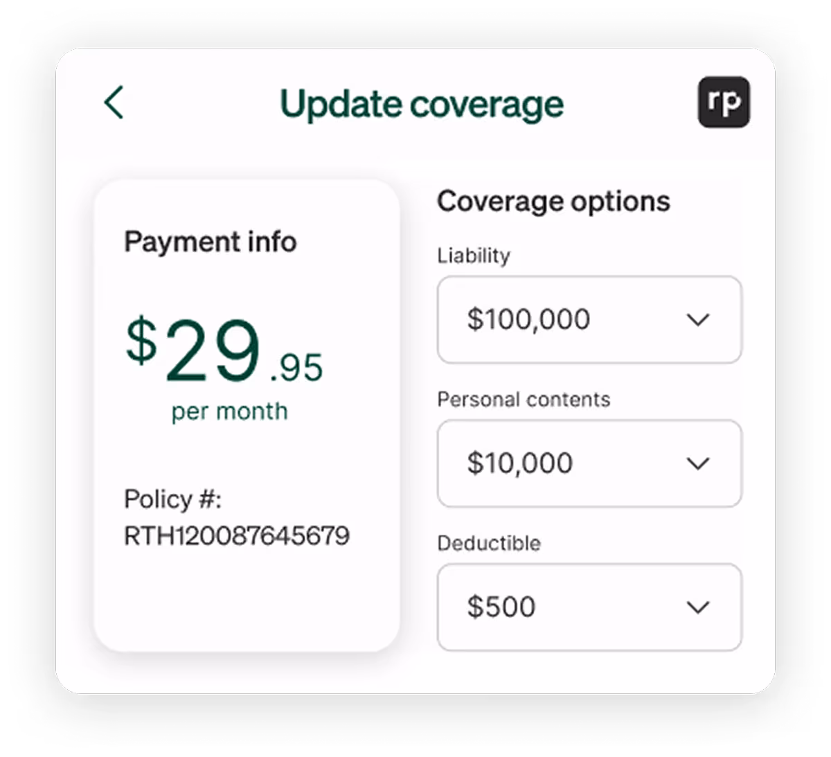 Screenshot showing renter's insurance policy interface within the Homebody App.