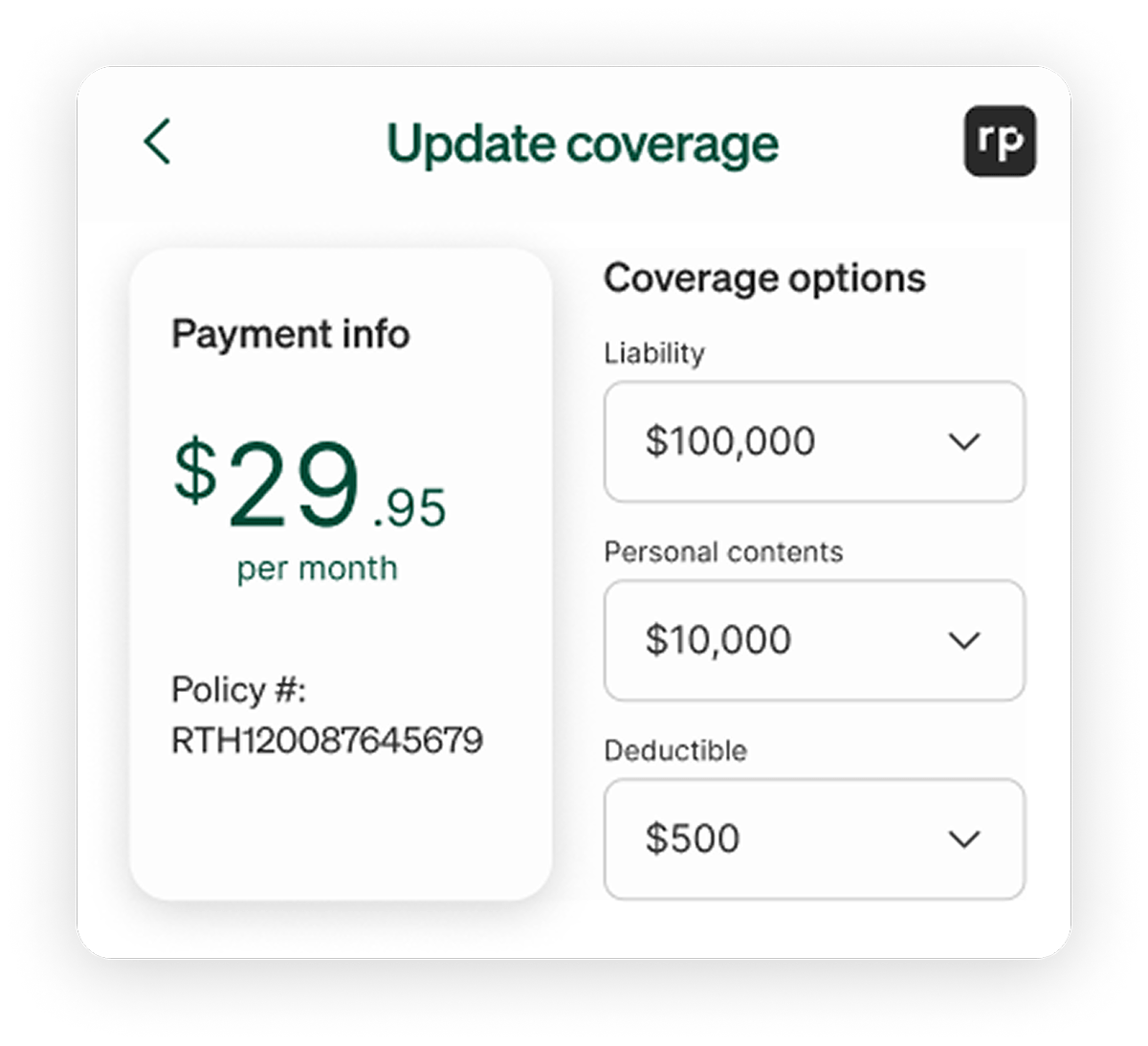 Screenshot showing renter's insurance policy interface within the Homebody App.