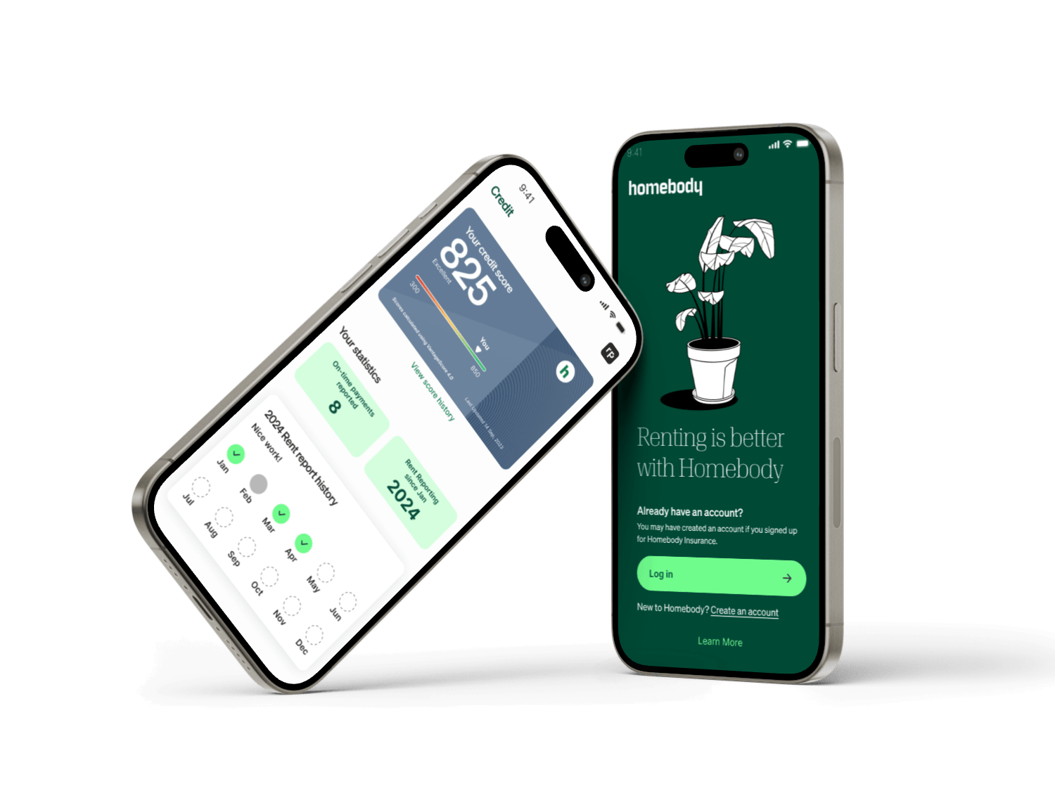 Two smartphones showing the Homebody app interface