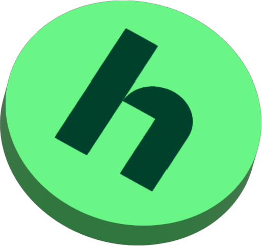 Green circular coin with a dark green lowercase letter h tilted slightly to the right.