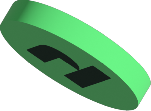 Green tilted circular coin with a black stylized logo resembling a tilted 'N' on its surface.