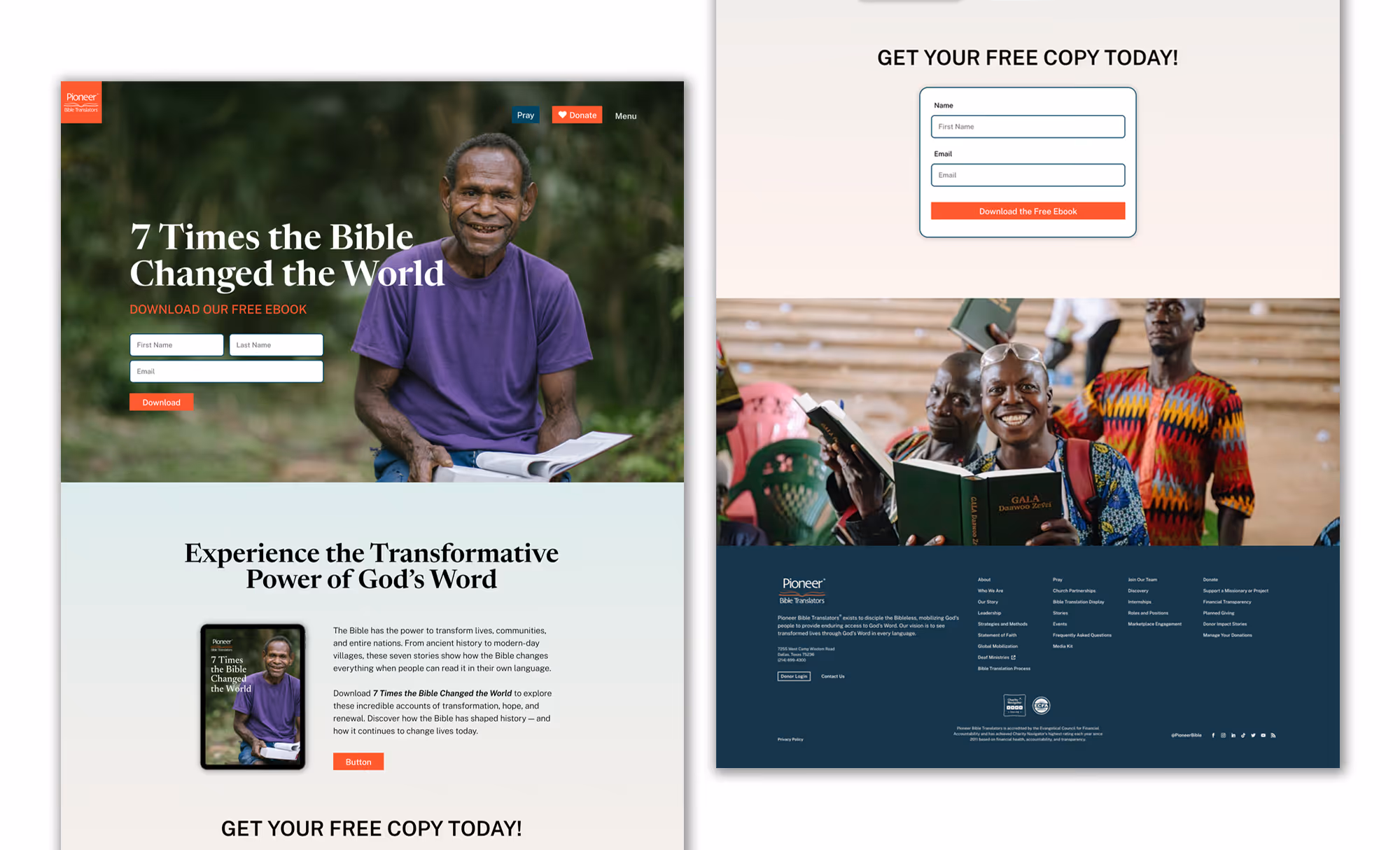 Website layout of Pioneer Bible Translators