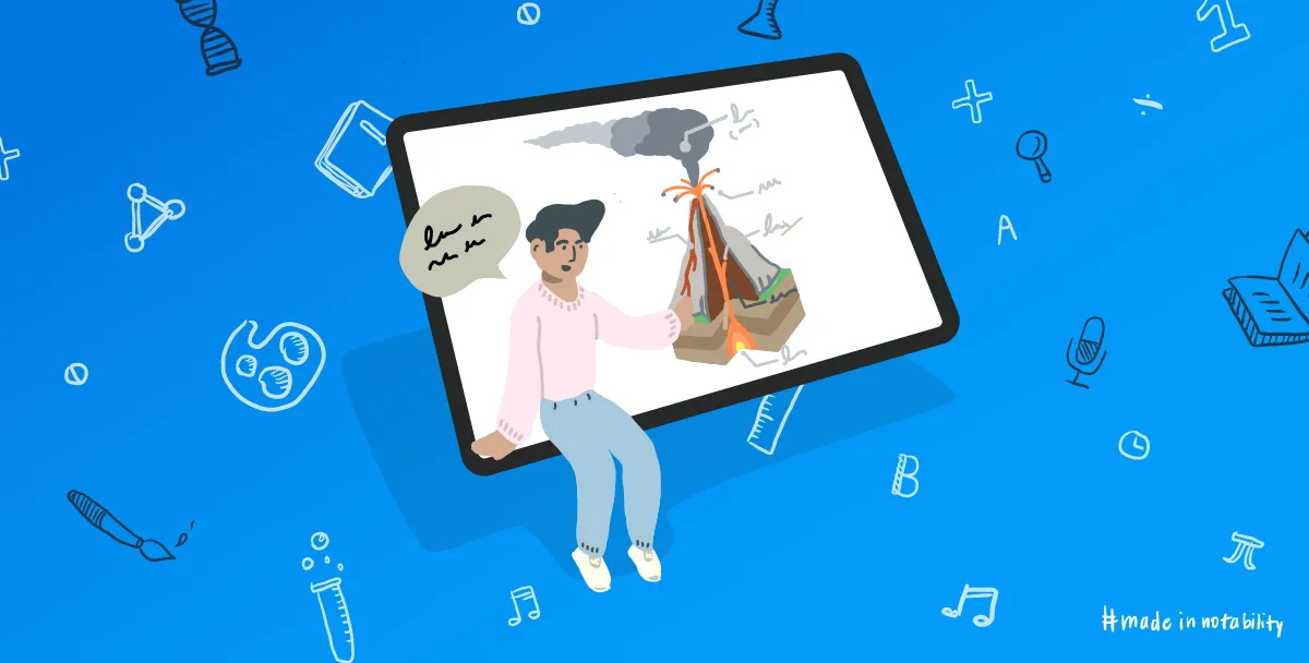 Hand drawn iPad with a person and a volcano