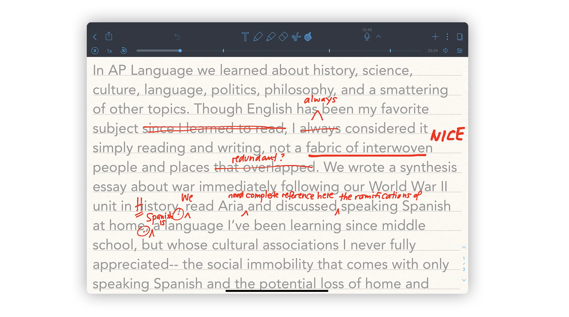 Teacher giving annotation and audio feedback on a paper written in Notability