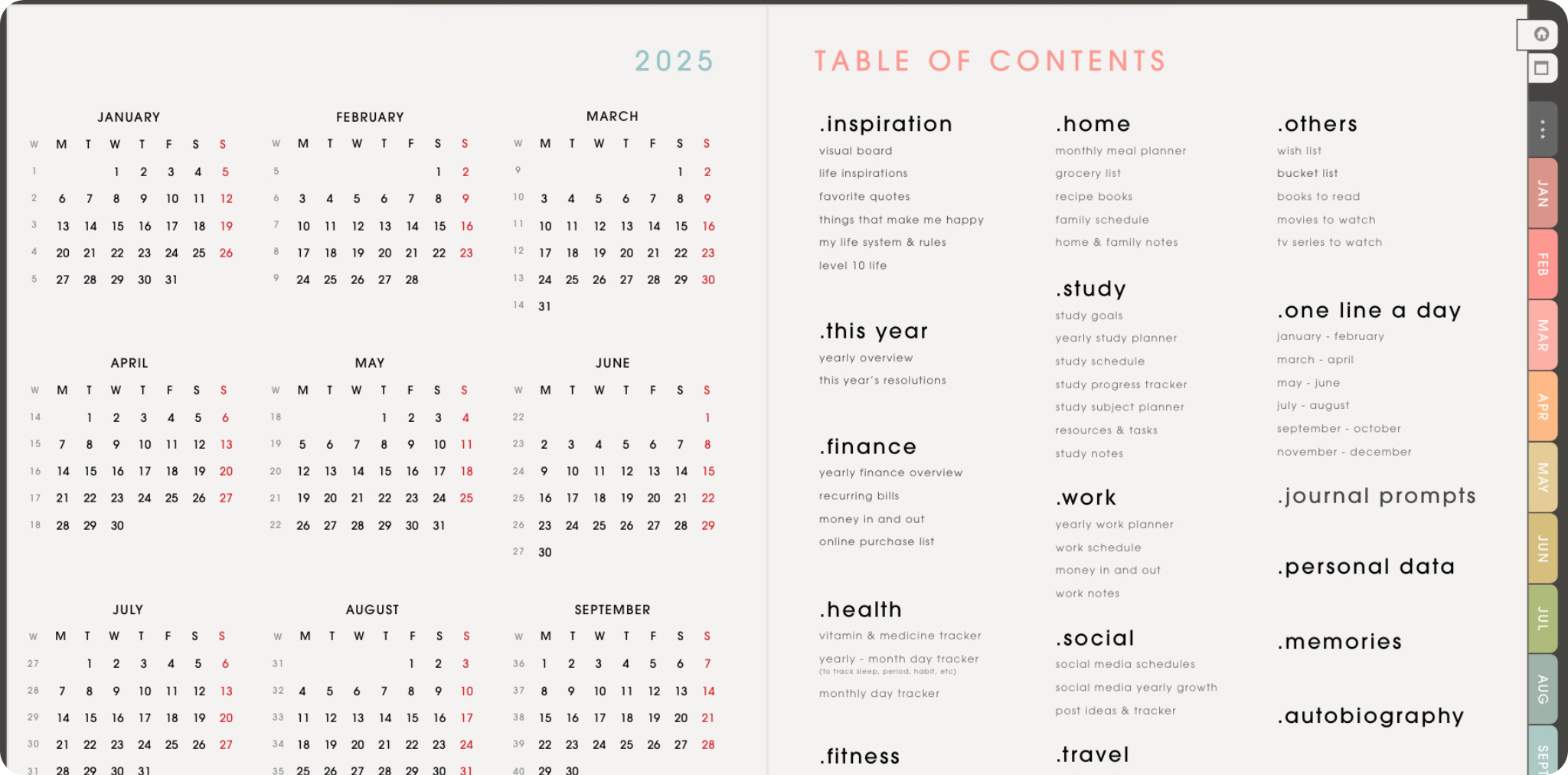 An annual digital planner template from nozomunoto and Notability. It includes vision boards, resolutions, yearly finance planner, bills, budgeting, vitamin and medicine tracker, fitness goals, fitness plan, workout tracker, meal planner, grocery list, study goals, study planner, work planner, social media schedule, travel planner, bucket list, movies and tv shows to watch, and more.