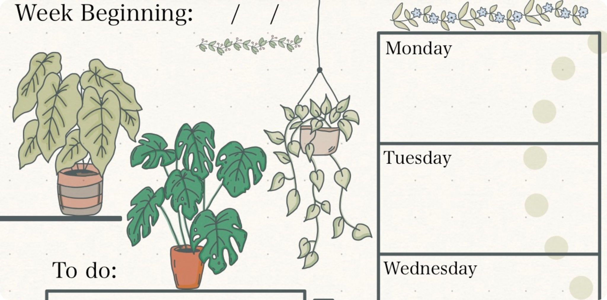 A weekly digital planner and to do list template with a green plant design.