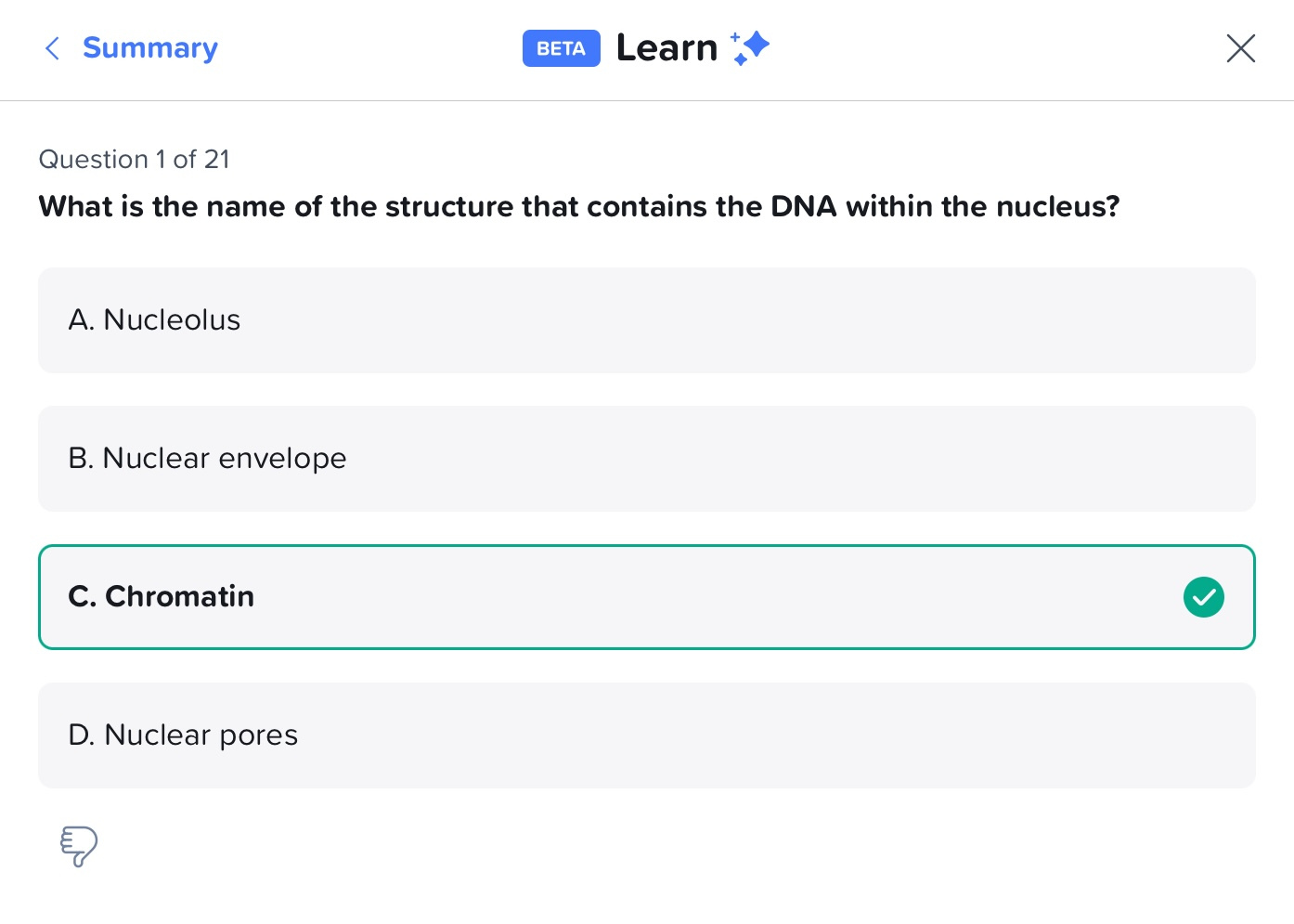 A quiz generated using Learn, Notability's AI powered study feature. The quiz reads "What is the name of the structure that contains the DNA within the nucleus?" with the correct multiple choice option "C. Chromatin" selected.
