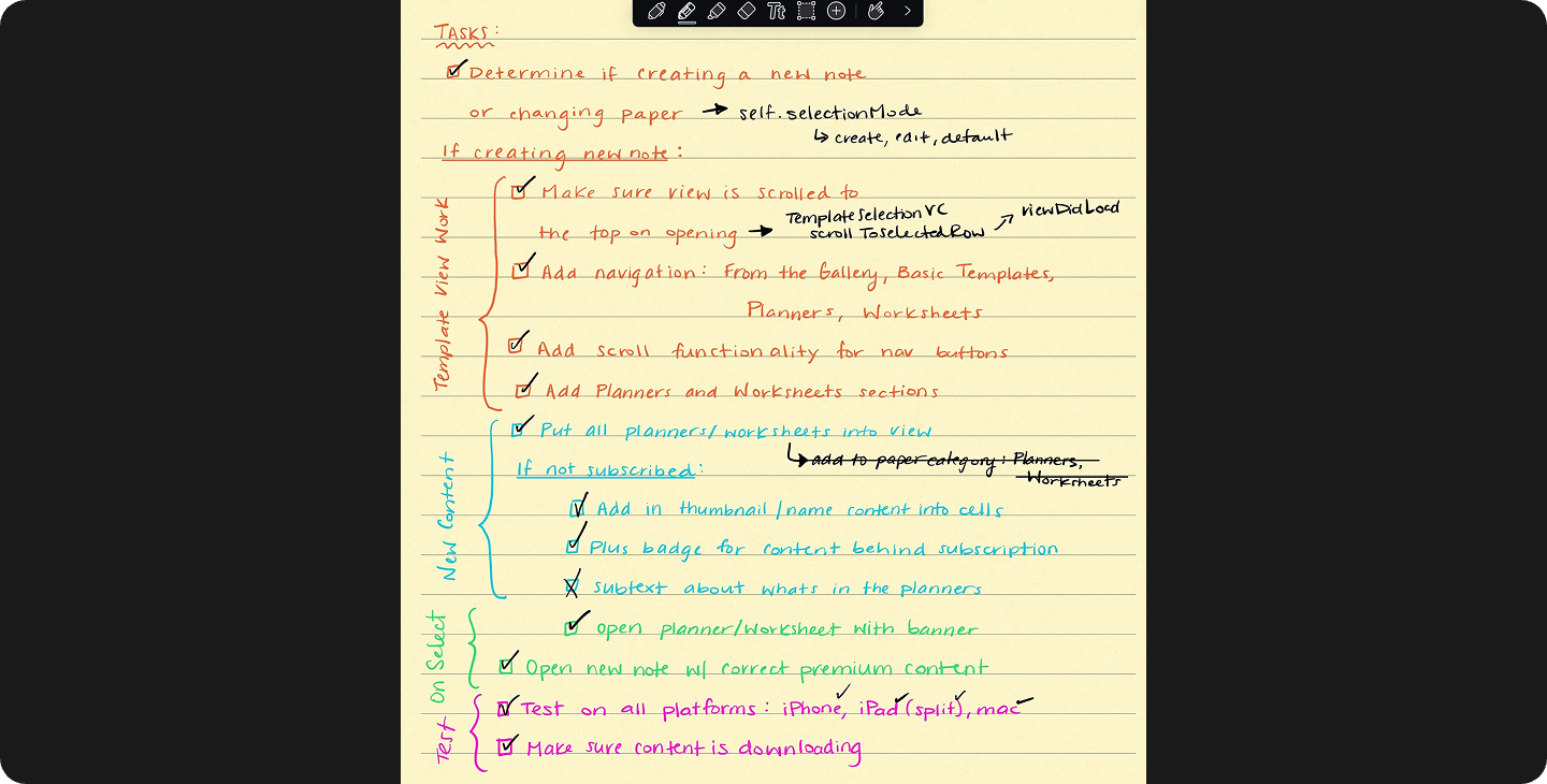 A screenshot of a note from Notability's engineers that shows how they use Notability to write checklists of engineering processes for data and user flows.