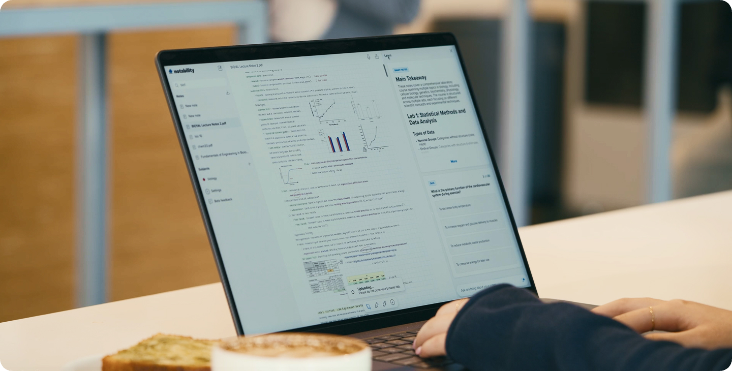 Notability Learn generates Smart Notes, Quizzes, and Flashcards all in the same place as your notes in Notability.