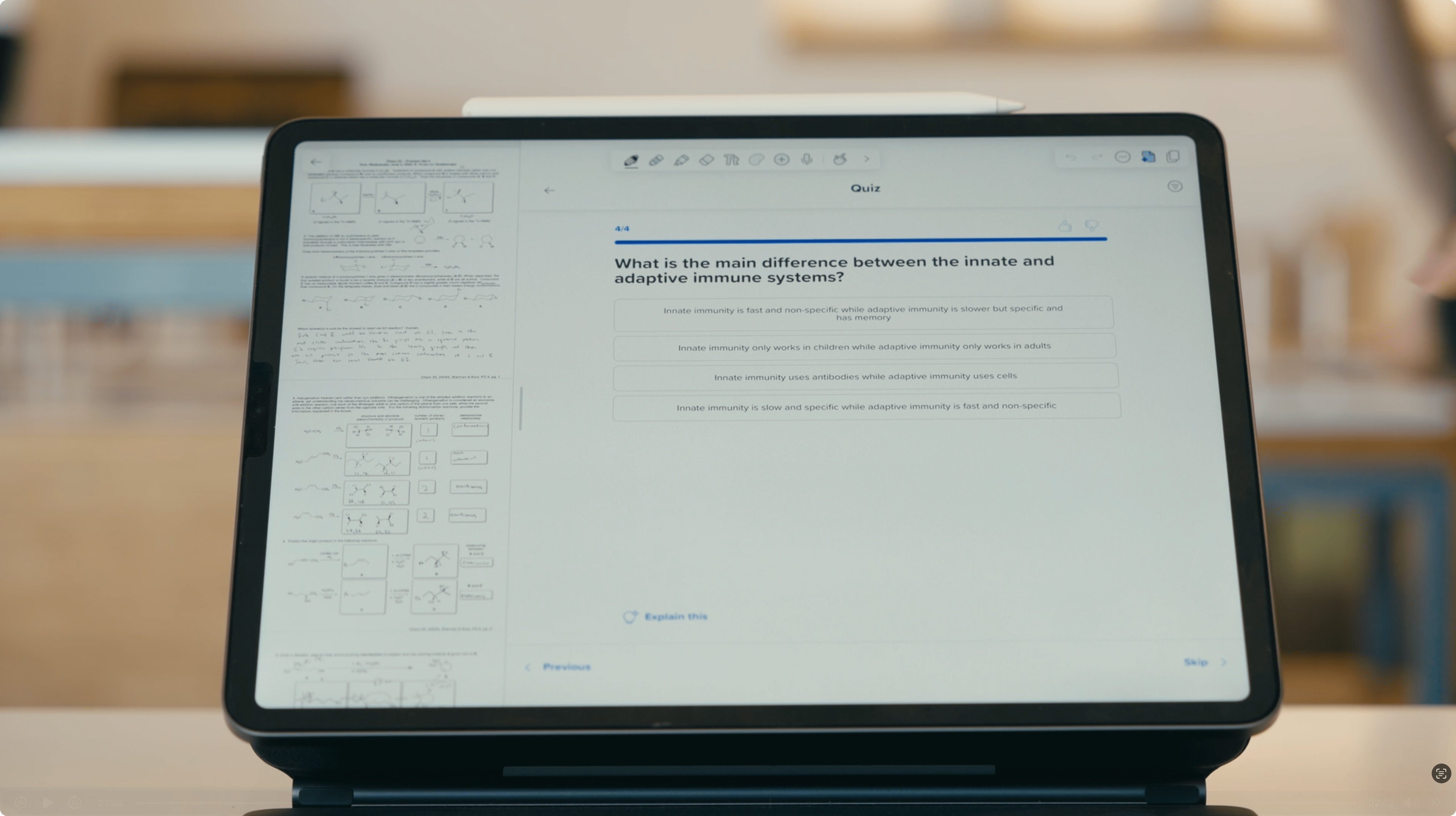 An iPad displays a biology quiz generated using Notability Learn from a student's science notes in Notability.