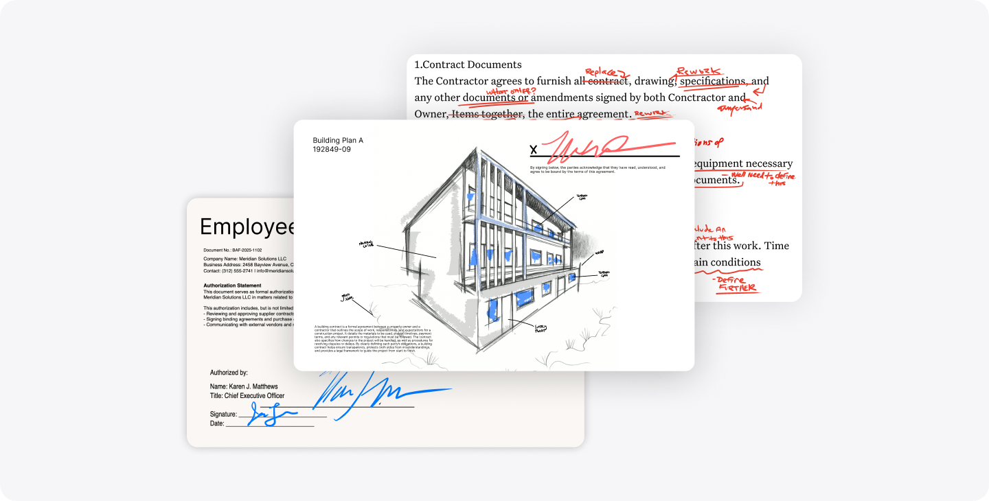 Three company notes in Notability that feature design sketches, annotated PDFs, and signed digital PDF contracts.