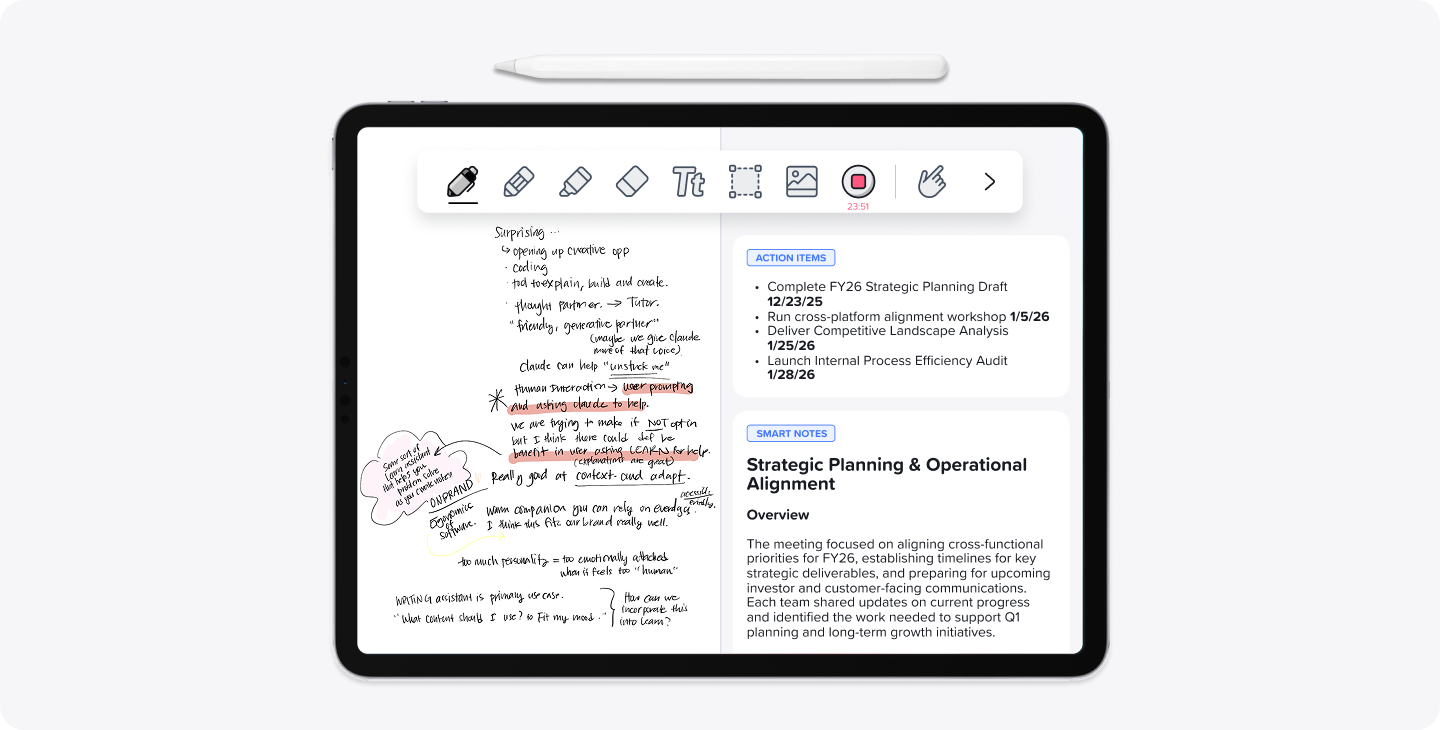 A company note on an iPad in Notability that features annotated, highlighted, handwritten notes on the left panel and action items and a summary of the handwritten notes on the right panel.