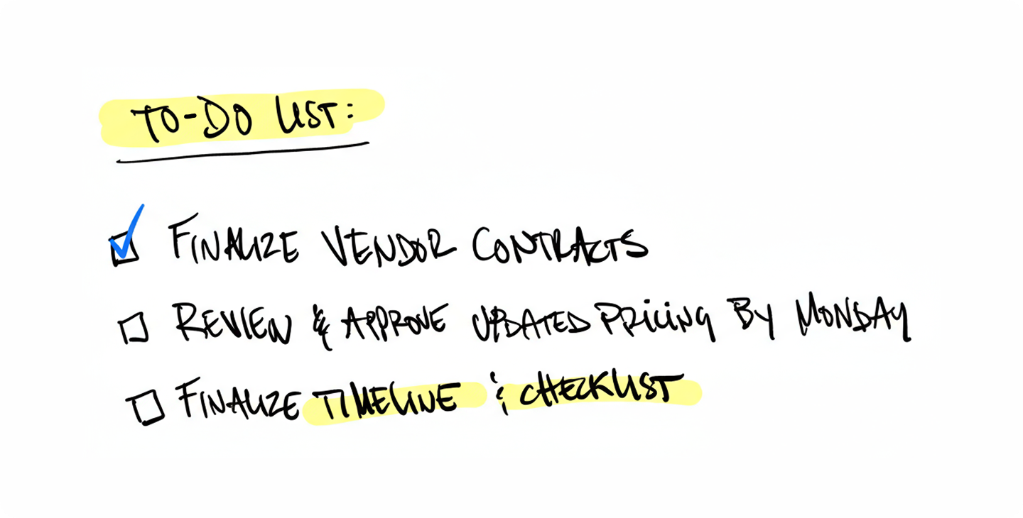 A handwritten note in Notability with a to-do checklist for a company to finalize vendor contracts, review and approve updated pricing by Monday, finalize timeline