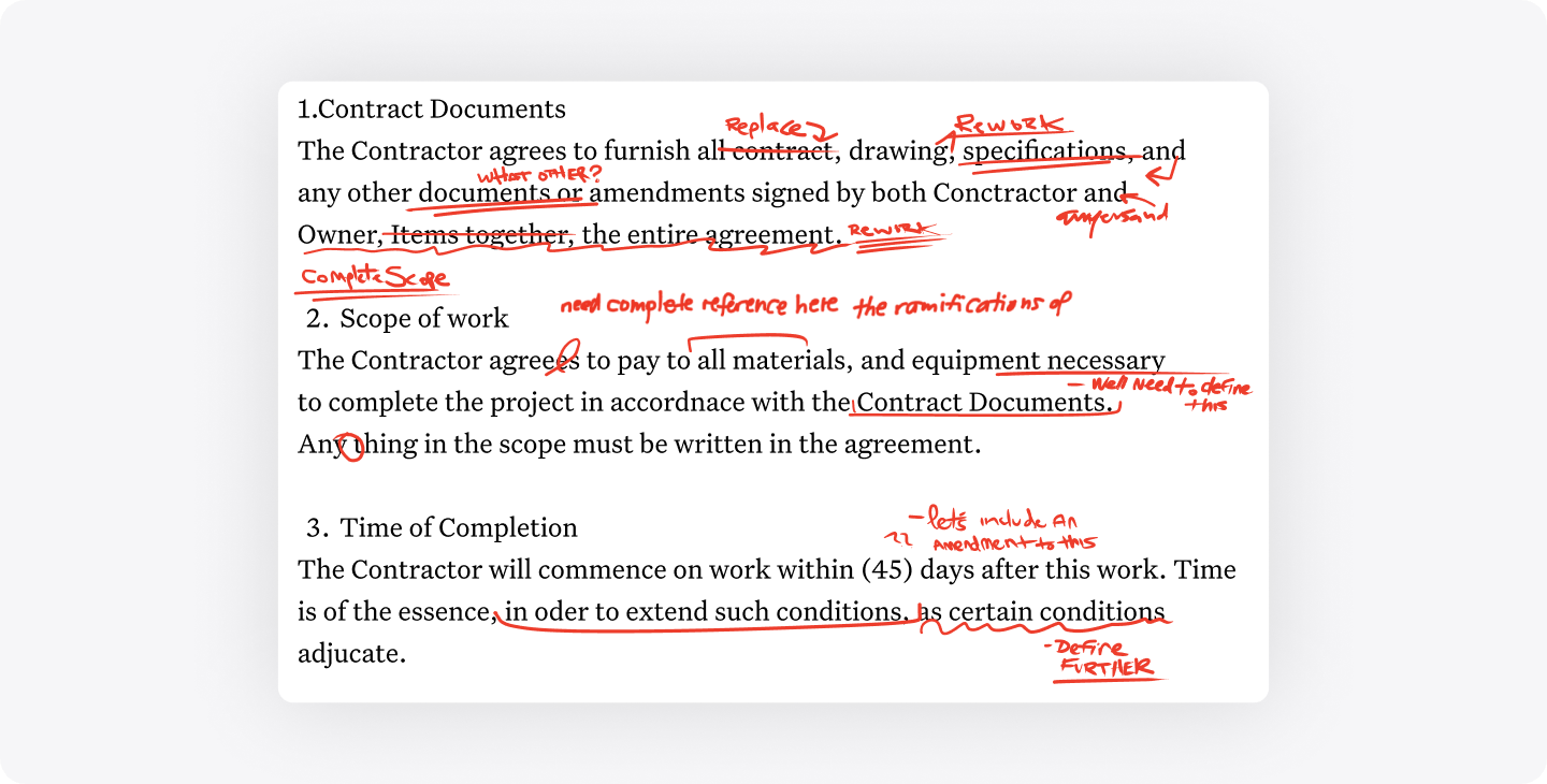 A screenshot of a contract used between a construction company and a contractor with digital markups made to the copy in red ink in the Notability app.