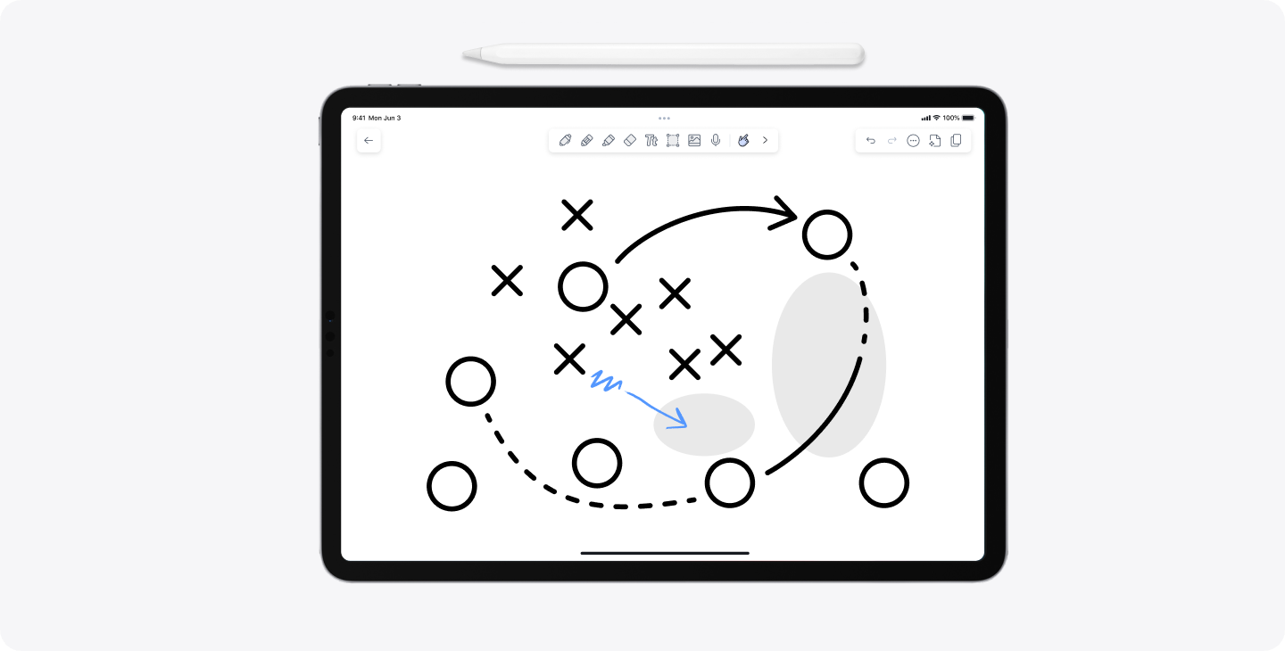 A note in the Notability iPad app that shows a football play strategy with players marked as X's and O's and a blue markup showing where the players should move.