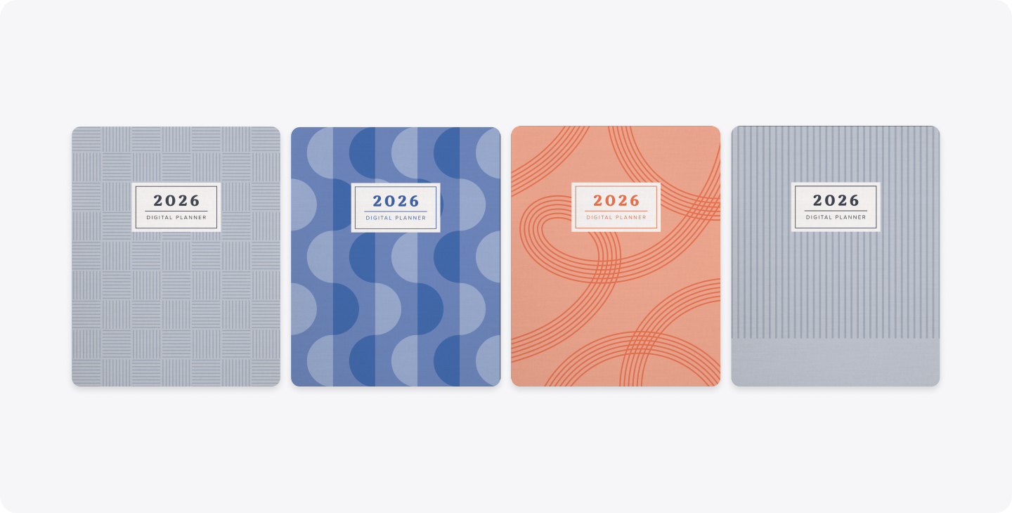 The grey, orange, and blue covers of Notability's 2026 planners.