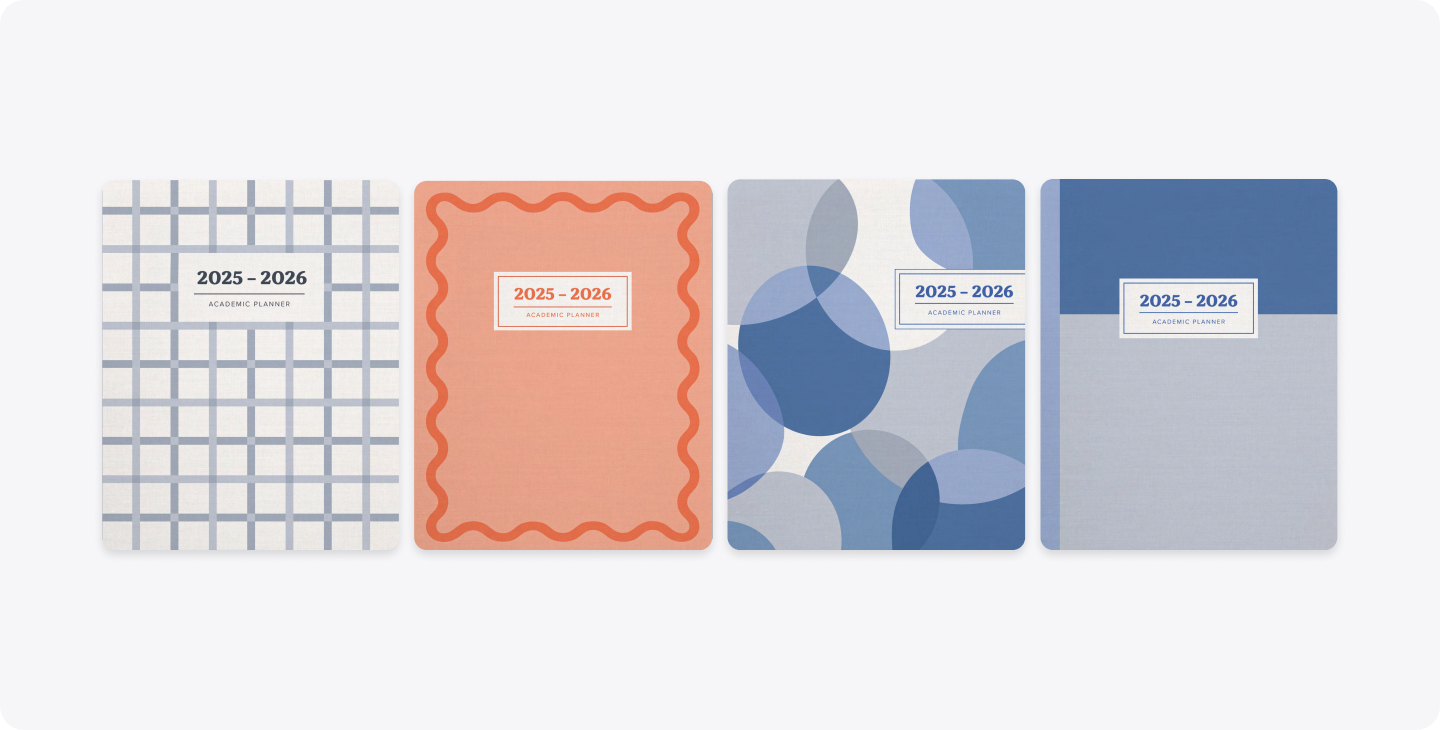 The grey, orange, and blue covers of Notability's 2025-2026 planners.
