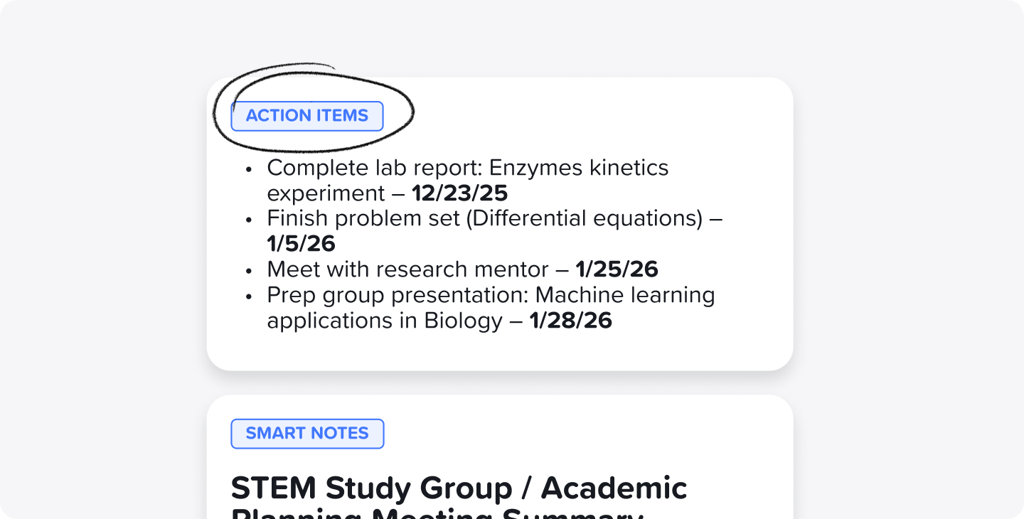A screenshot of Action Items in the Notability app that provide goals, task to complete, and views like his.