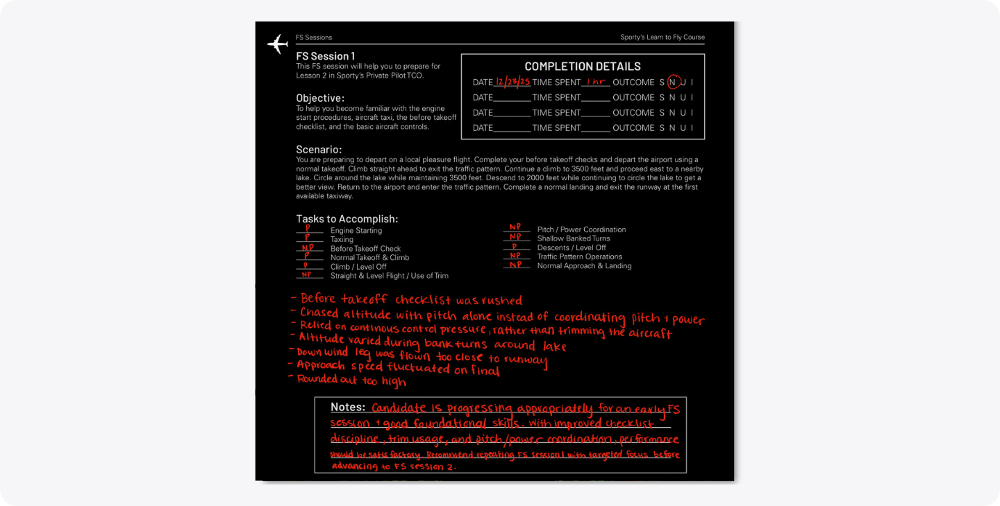A flight simulator session template in Notability with notes in red digital ink from a flight instructor about what the candidate completed well and needs to improve on.