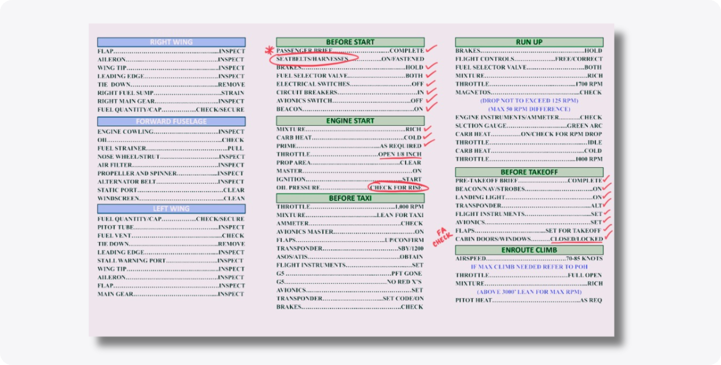 A flight safety checklist template in Notability for the plane's operations before, during, and after takeoff with red markups from the pilot.