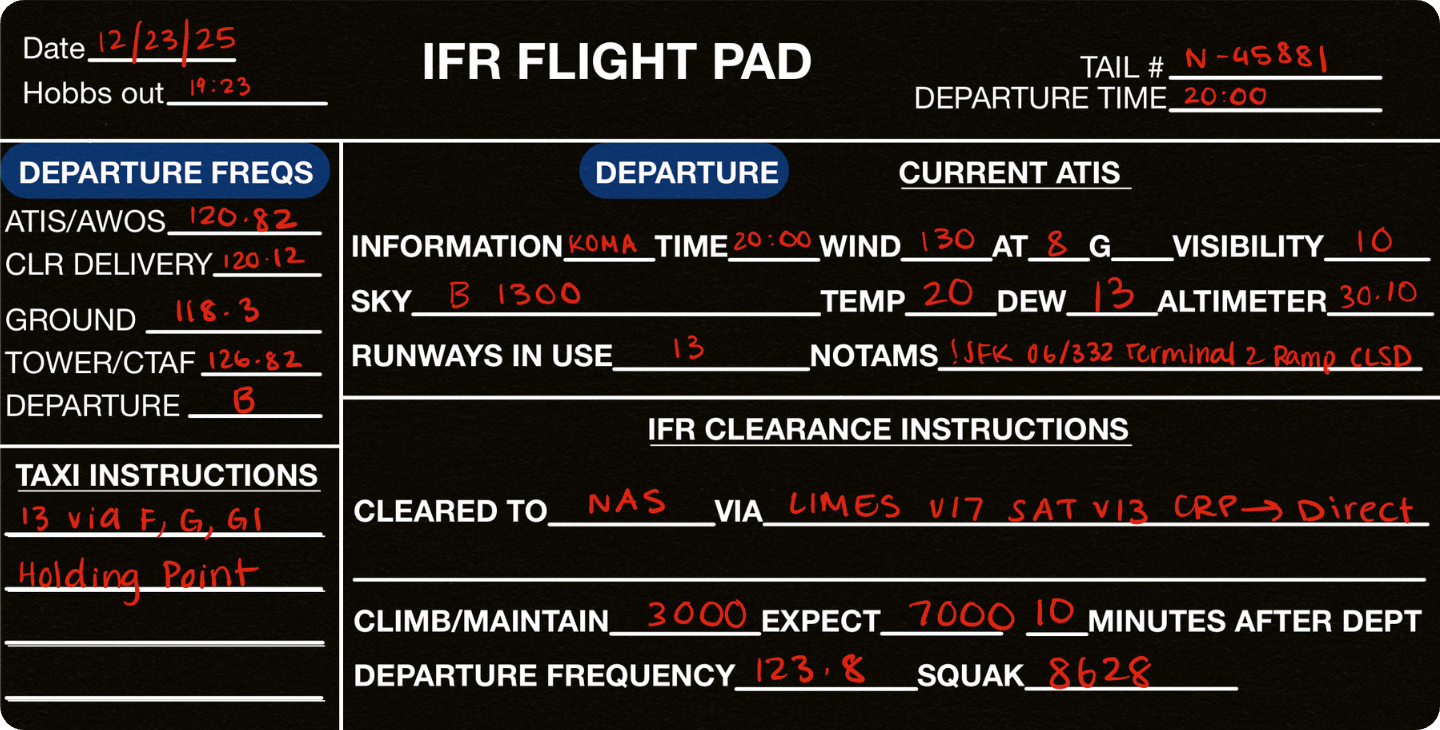 A flight log template in Notability in dark mode filled out in red digital ink by a pilot.
