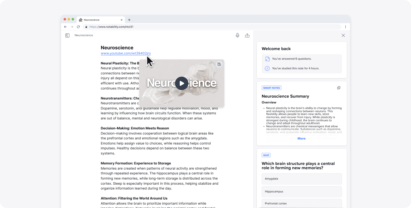 The YouTube video feature in Notability web, where users can overlap, display, and play YouTube videos over their note in Notability, with the ability to study from the video transcript generated from the YouTube video.