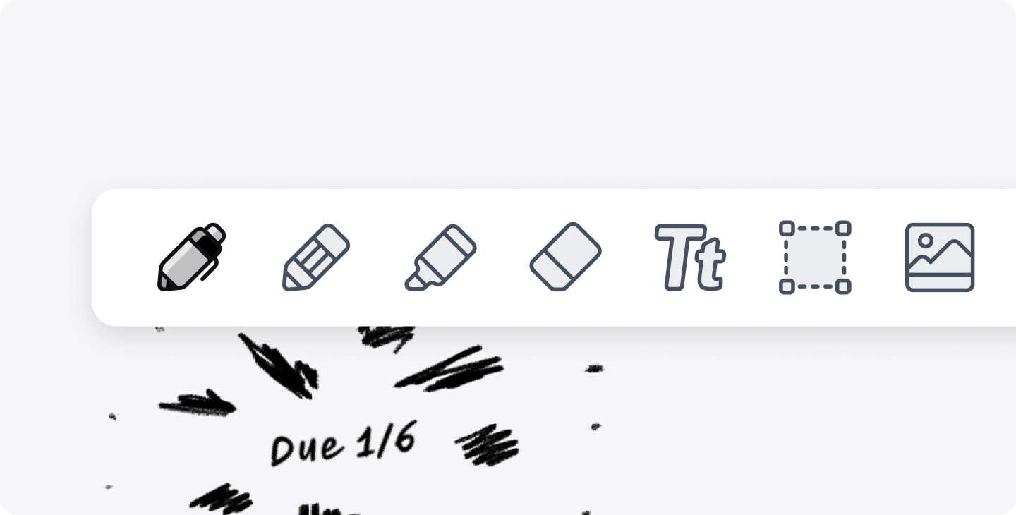 A closeup of the toolbox feature in Notability that allows users to choose between various brushes, pencils, pens, and highlighters, as well as add text or media to their note.
